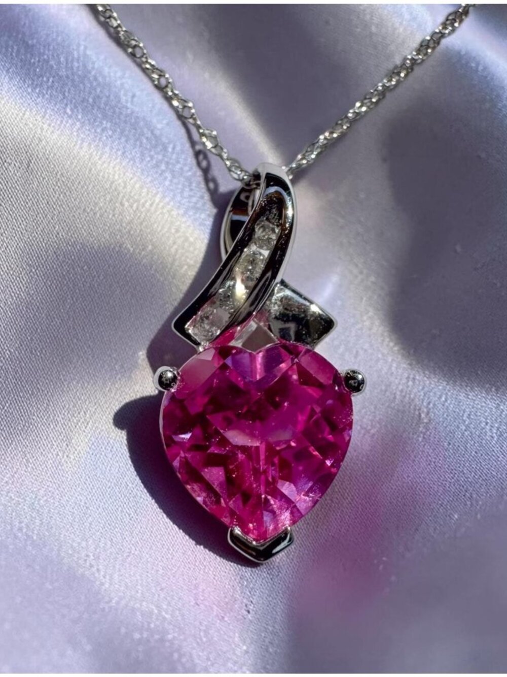 10K White Gold Pink Sapphire Diamond Heart Necklace 18" Romantic Gift -2.4g
